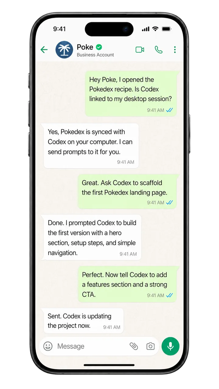 Pokedex running Codex from WhatsApp